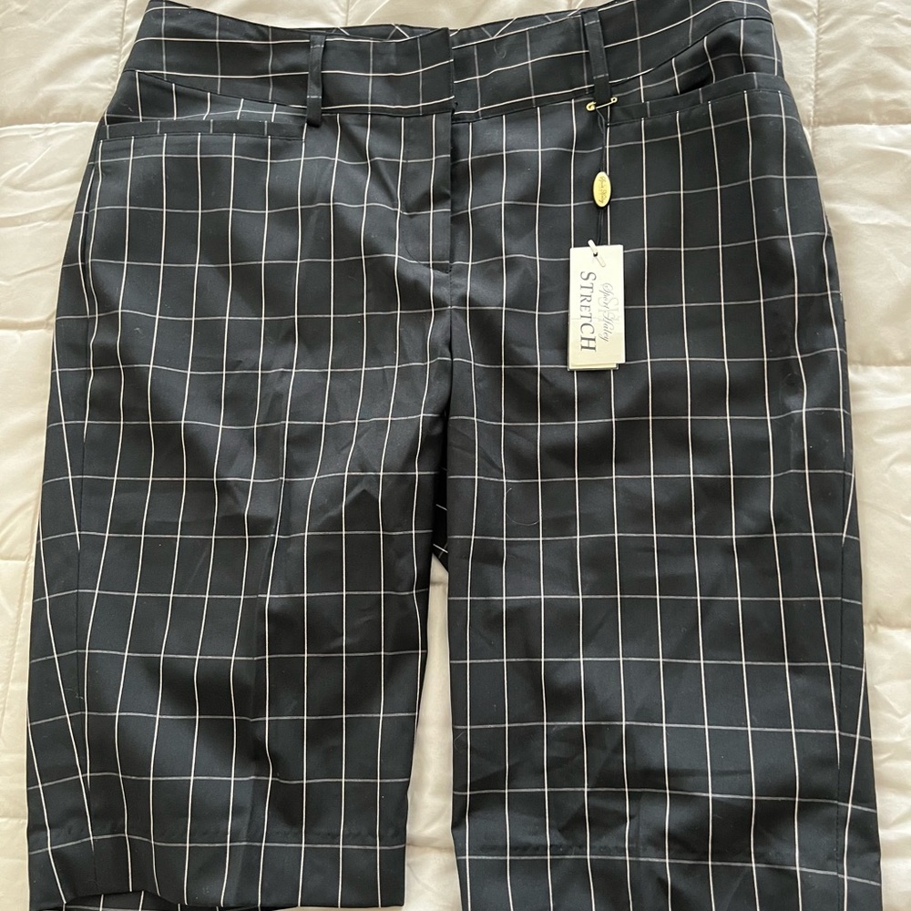 NWT women’s Bermuda golf shots. Black with white thin plaid.